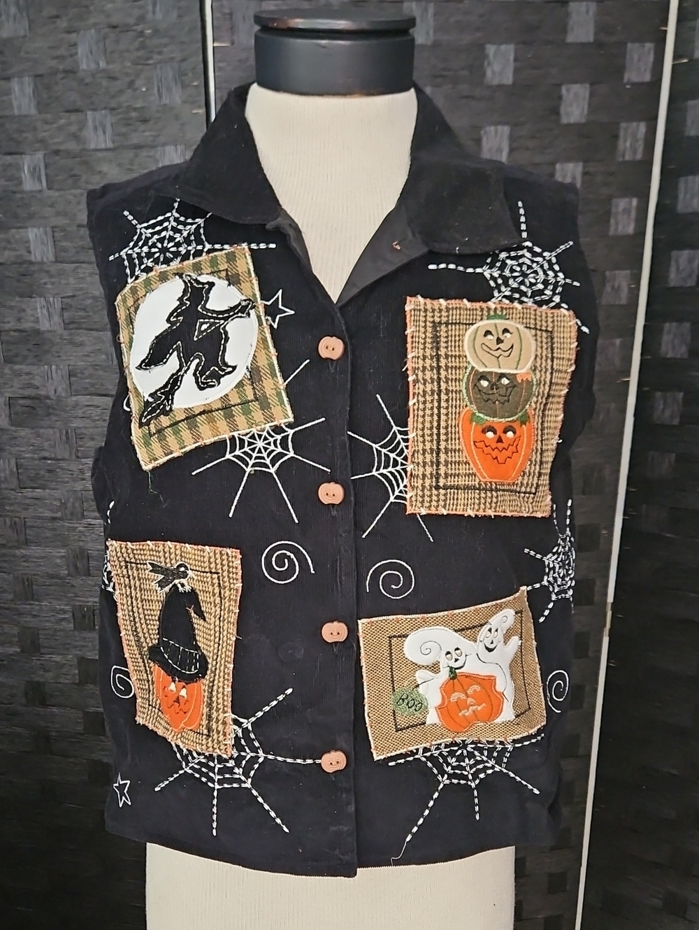 Tantrums Black Halloween Patchwork Vest with Orange & Cream Accents Size Medium